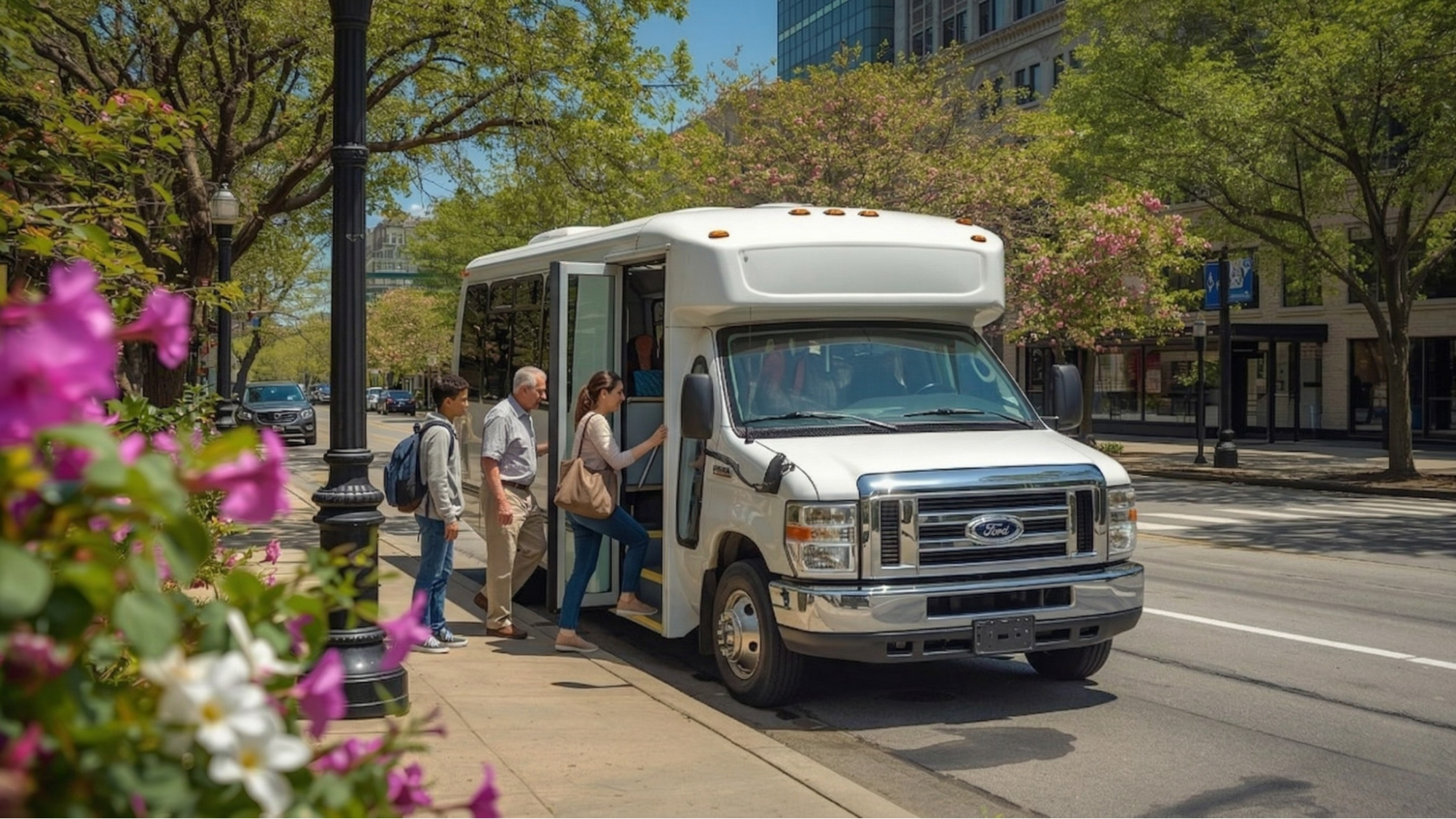 Event shuttle buses transporting attendees during a busy spring event in Chicago operated by Alltown Bus Service