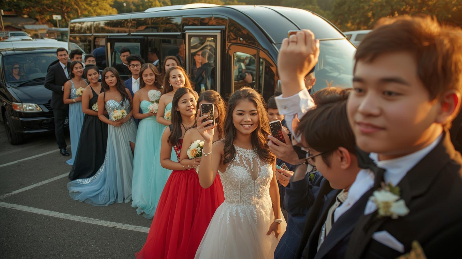 Students boarding a prom charter bus in Chicago for safe group travel organized by Alltown Bus Service