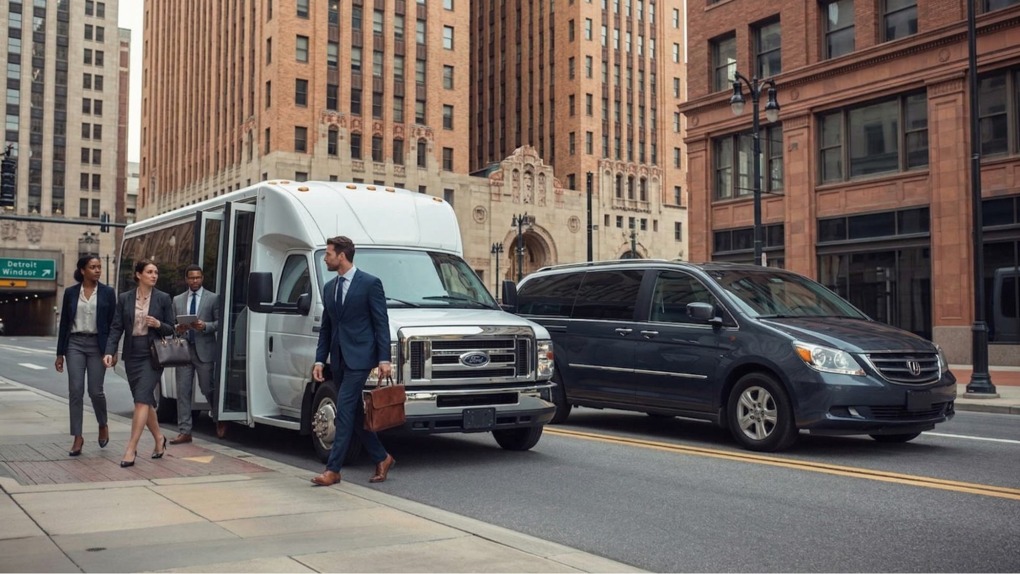 Corporate attendees boarding a charter bus for group transportation during a business event in Detroit operated by Alltown Bus Service