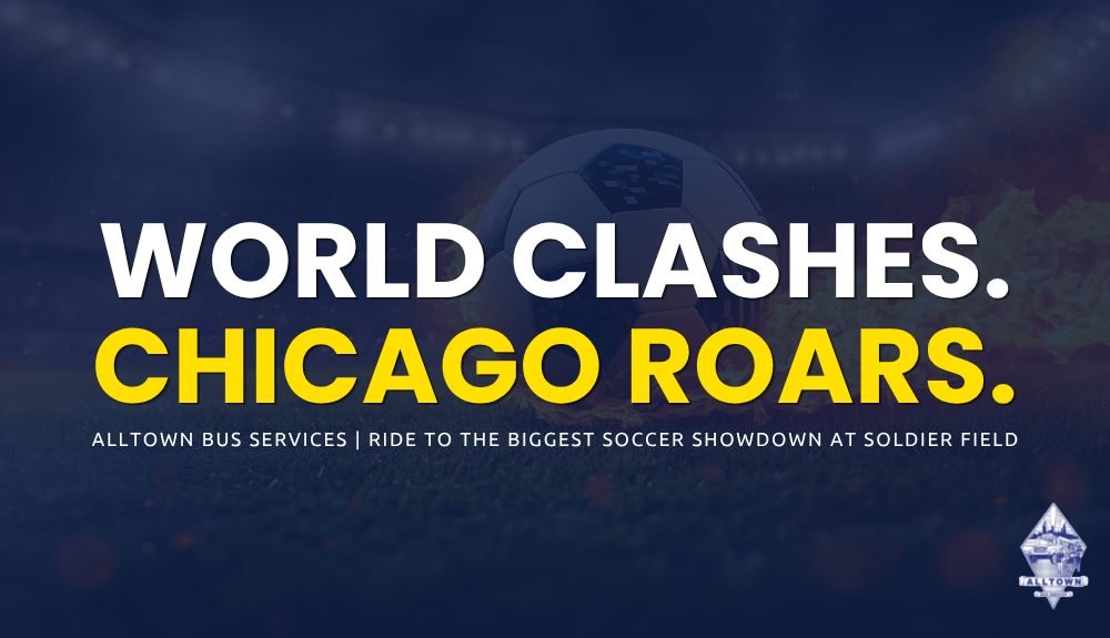 Group of soccer fans boarding a charter bus to attend FIFA World Cup 2026 match at Soldier Field in Chicago
